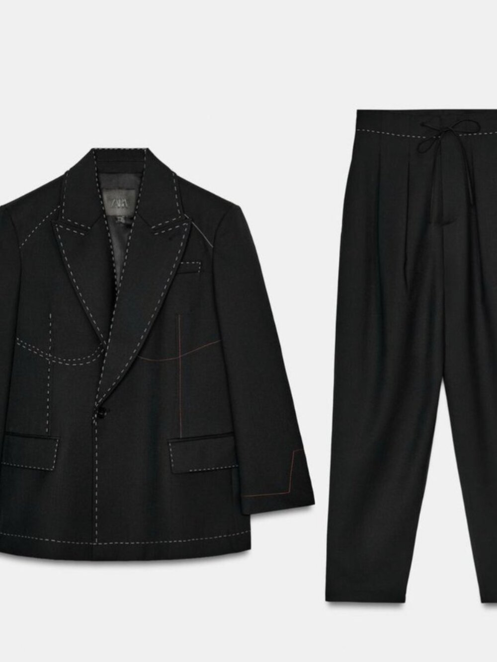 ZARA CONTRAST TOPSTITCHING BLAZER AND PANTS ZW LIMITED EDITION, BLACK, SMALL